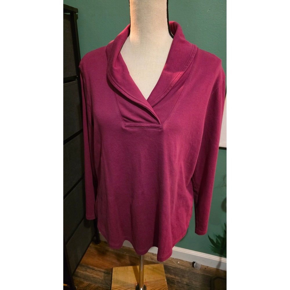 LL Bean Womens XL Pet Berry Pink Cotton Shawl Collar Long Sleeve Top 291670